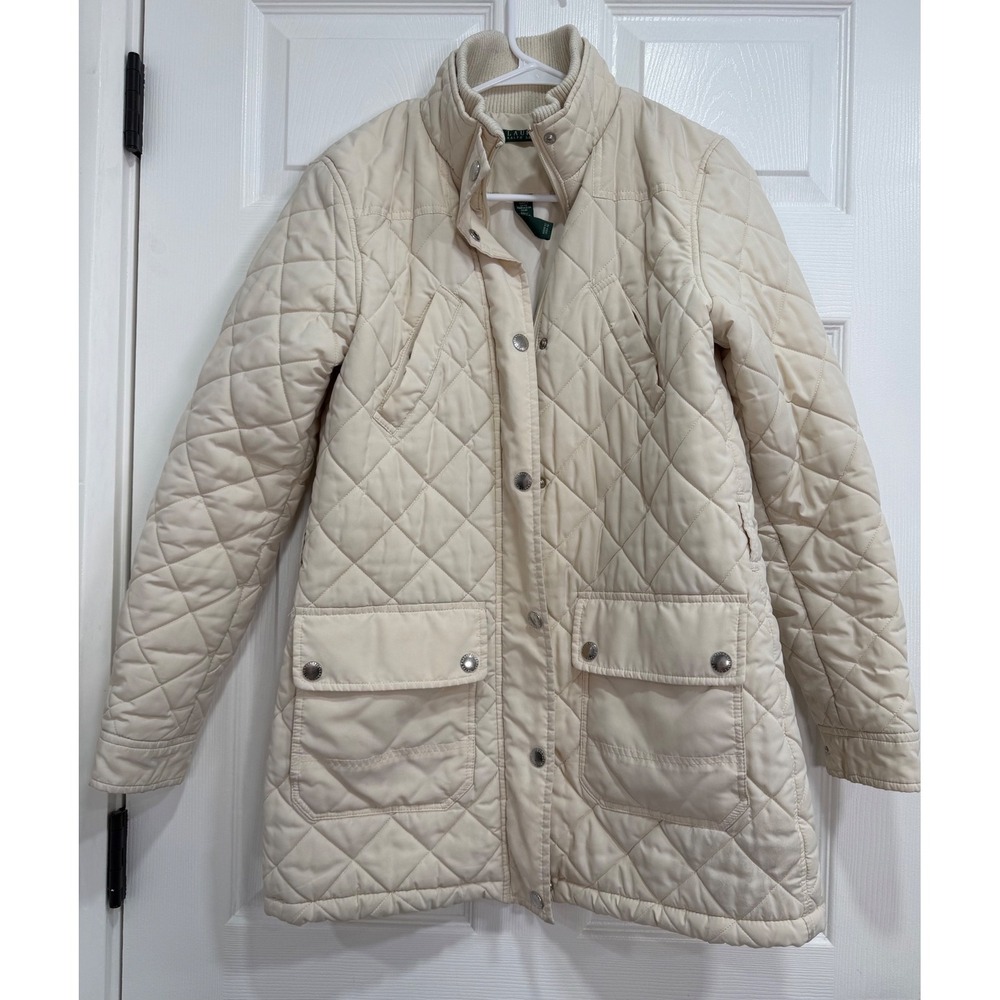 Lauren Ralph Lauren Women M Cream Quilted Barn Field Jacket Coat Mock Neck
